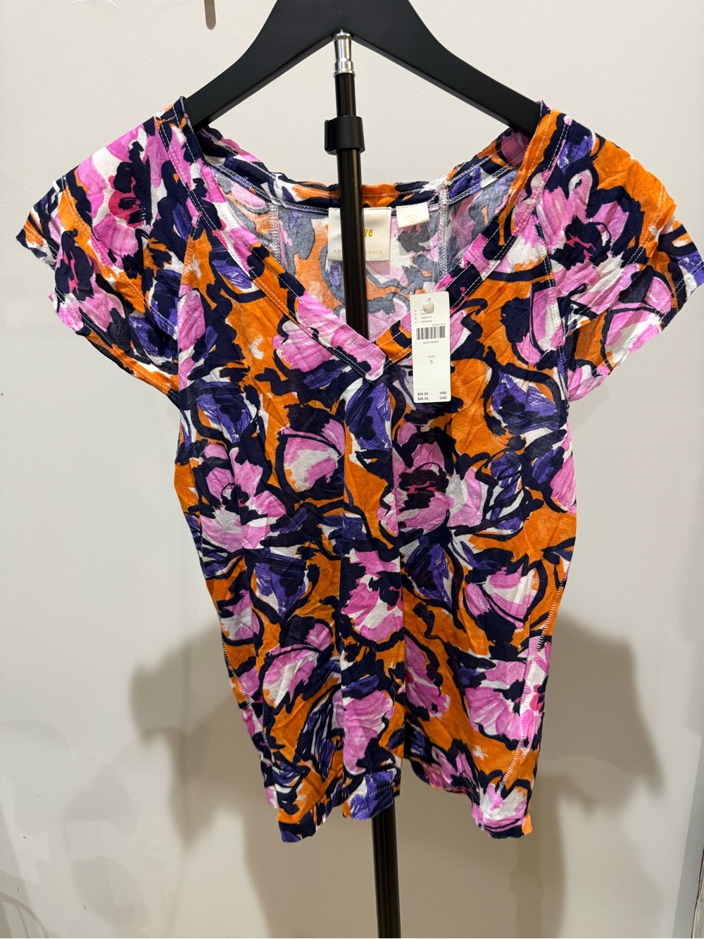 Anthropologie Floral V-Neck Short Sleeve Top in Orange, Purple & Pink